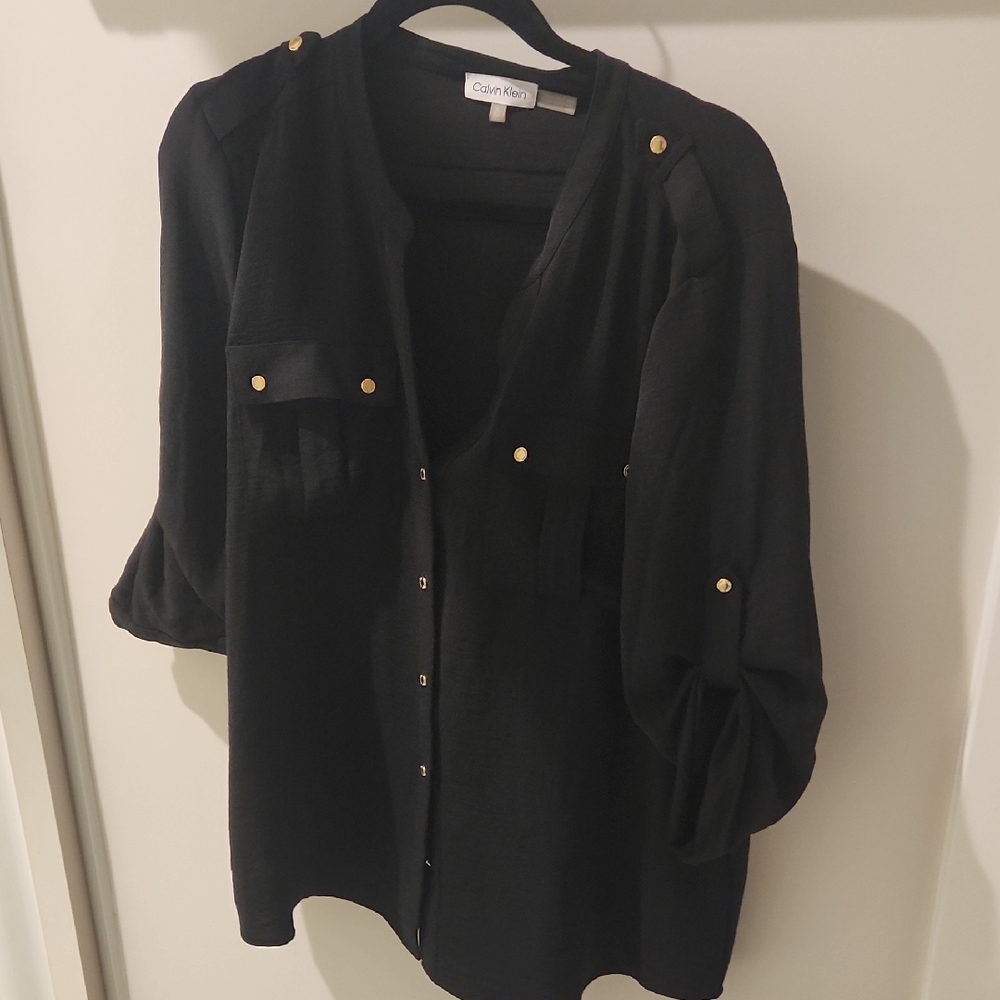 Calvin Klein Black 3/4 Sleeve Button Down Top